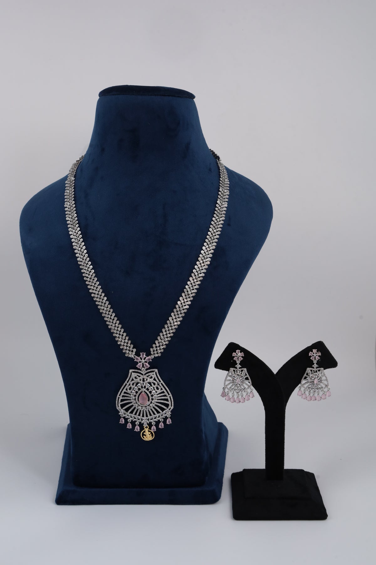Silver-Tone Statement Necklace Set with Pink Accents & Matching Earrings