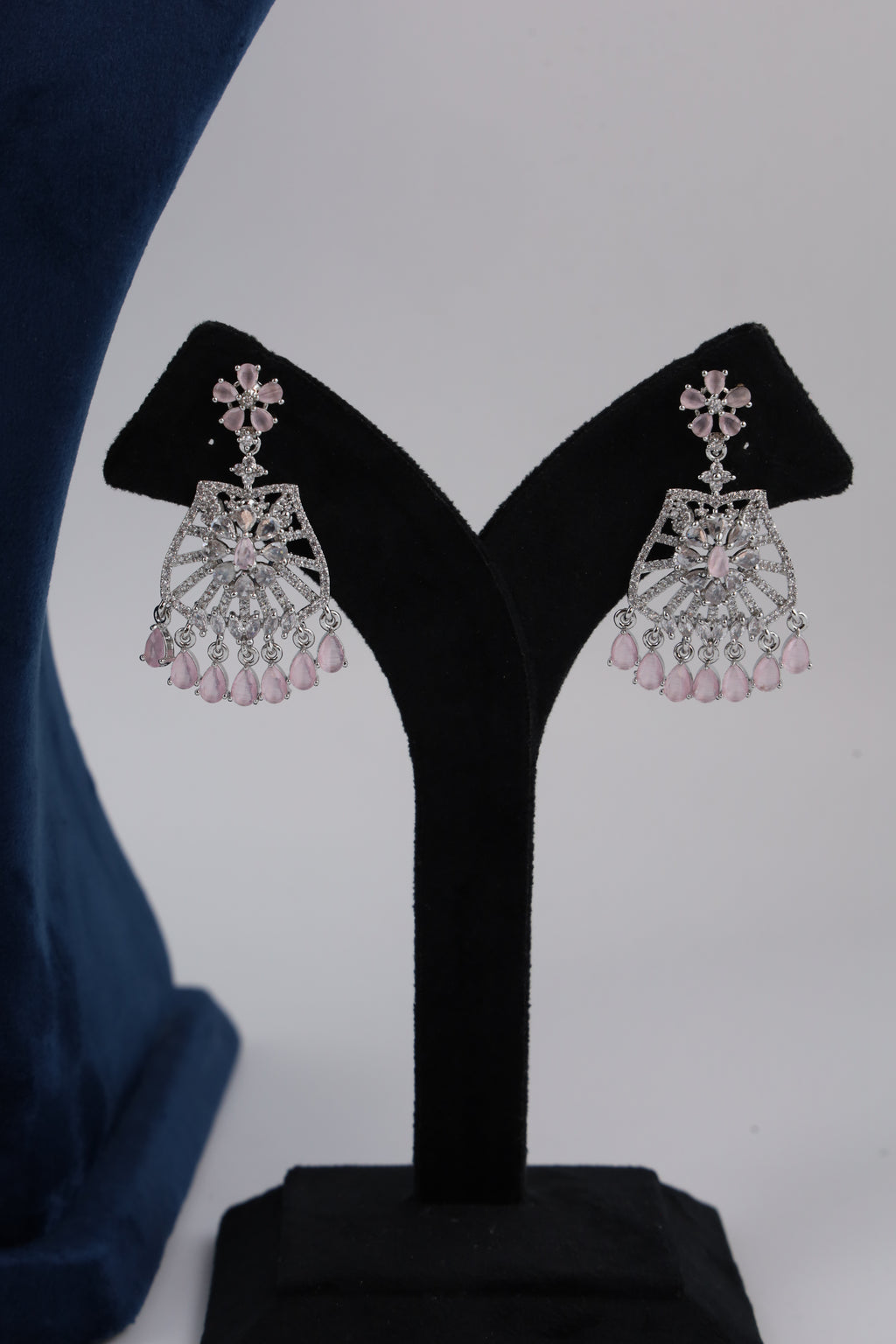 Silver-Tone Statement Necklace Set with Pink Accents & Matching Earrings