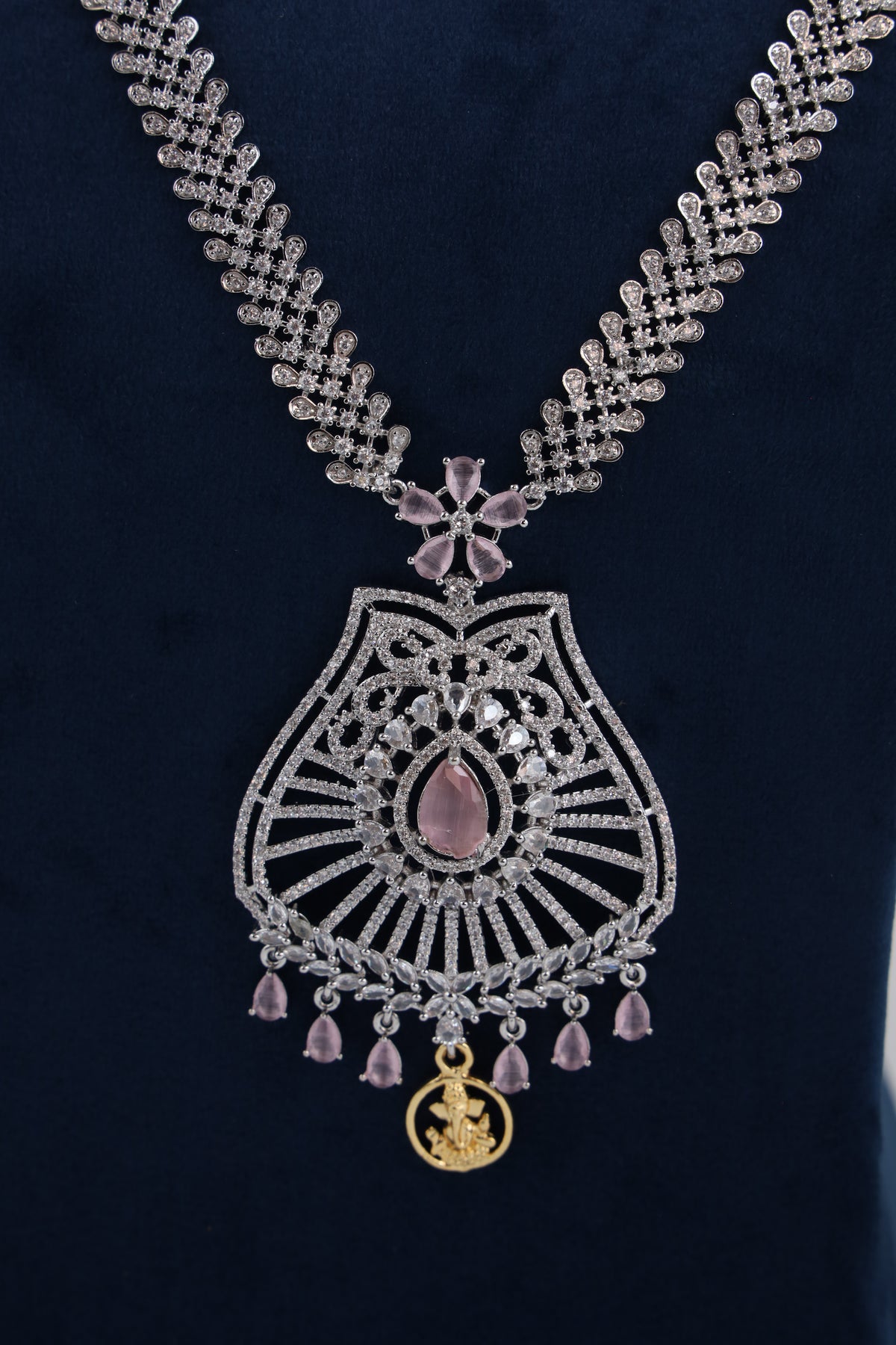 Silver-Tone Statement Necklace Set with Pink Accents & Matching Earrings