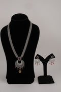 Silver-Tone Statement Necklace Set with Red Accents & Matching Earrings