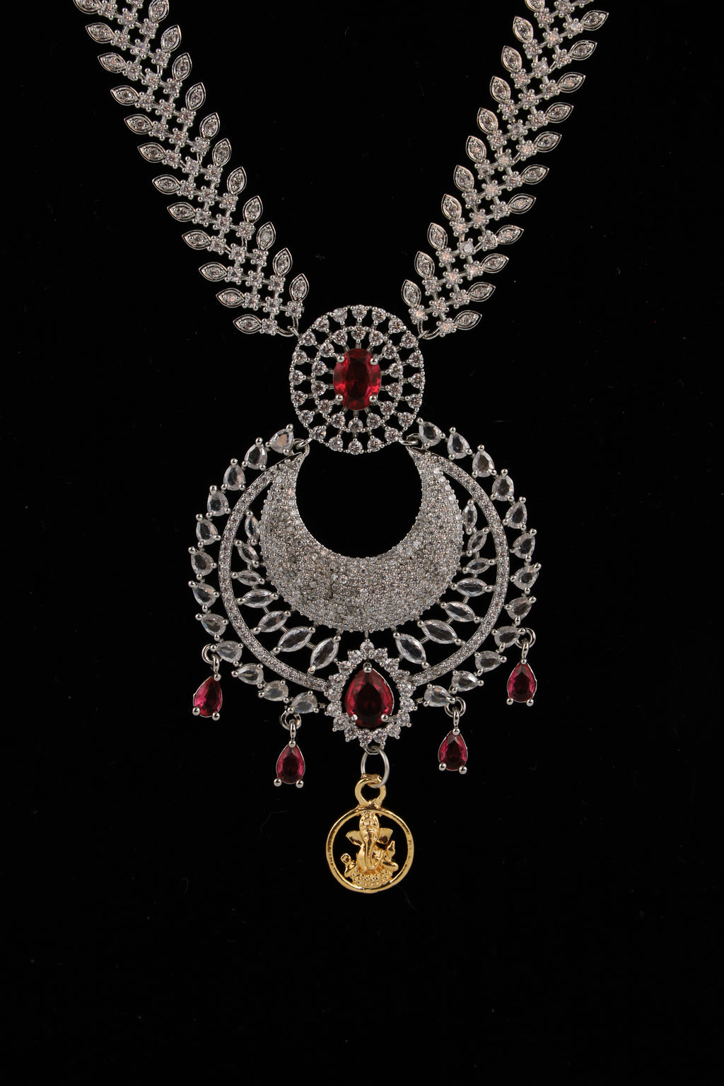 Silver-Tone Statement Necklace Set with Red Accents & Matching Earrings