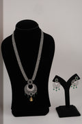 Silver-Tone Statement Necklace Set with Green Accents & Matching Earrings