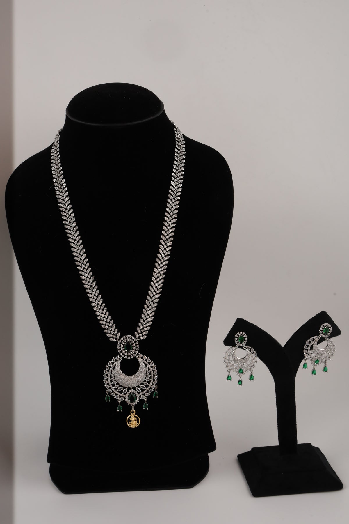 Silver-Tone Statement Necklace Set with Green Accents & Matching Earrings