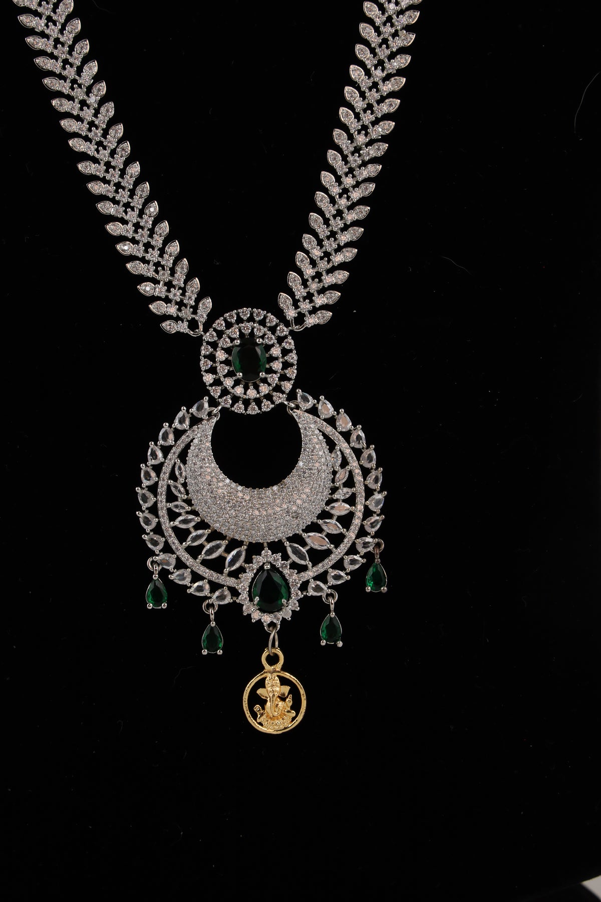 Silver-Tone Statement Necklace Set with Green Accents & Matching Earrings