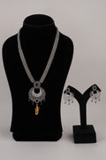 Silver-Tone Statement Necklace Set with Purple Accents & Matching Earrings