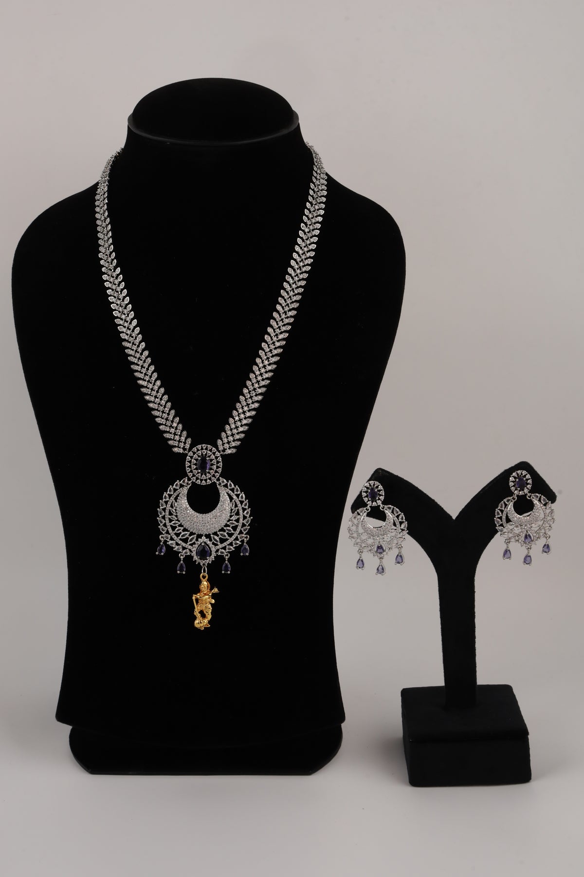 Silver-Tone Statement Necklace Set with Purple Accents & Matching Earrings