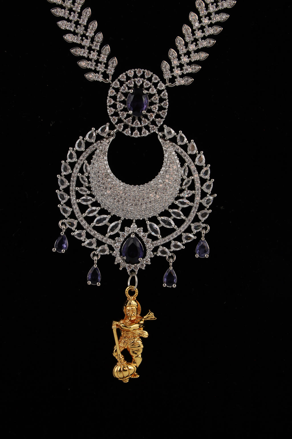 Silver-Tone Statement Necklace Set with Purple Accents & Matching Earrings