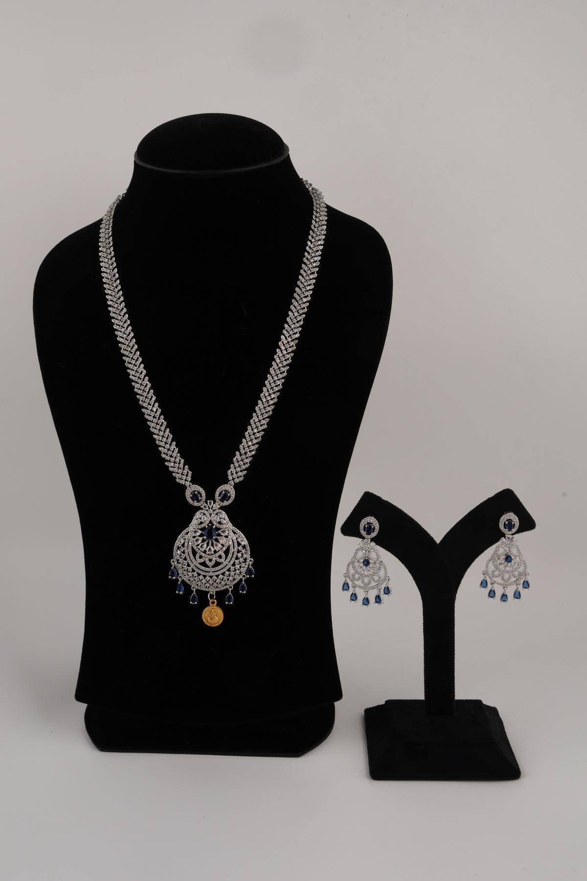 Silver-Tone Statement Necklace Set with Blue Accents & Matching Earrings
