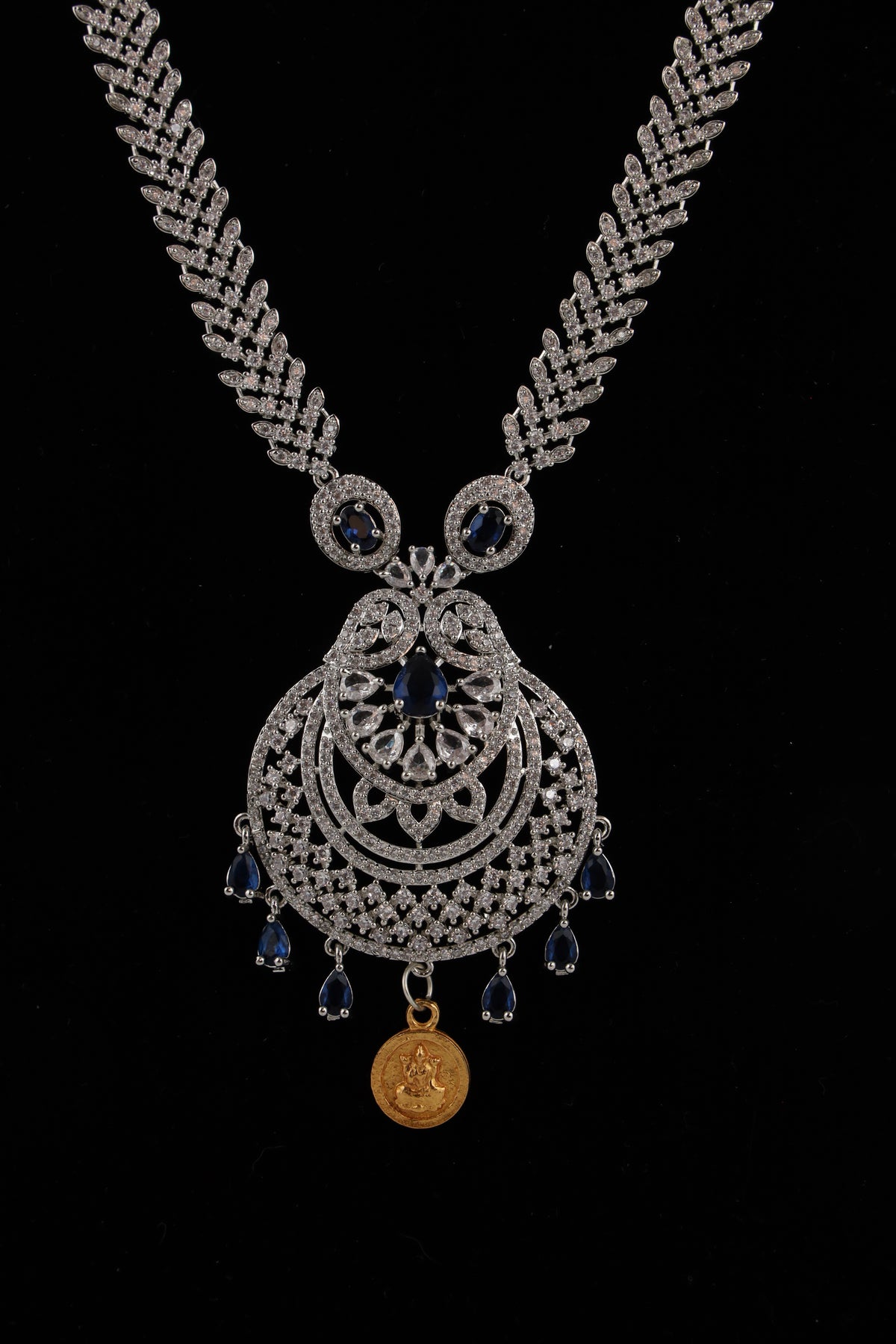 Silver-Tone Statement Necklace Set with Blue Accents & Matching Earrings