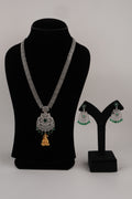 Silver-Tone Statement Necklace Set with Green Accents & Matching Earrings