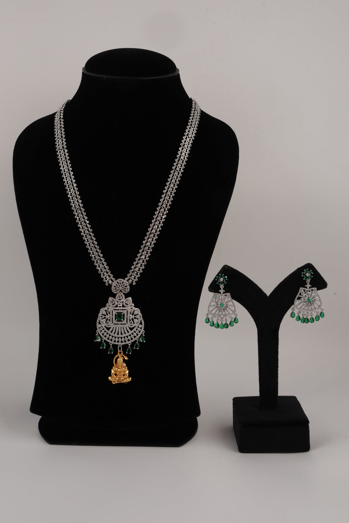 Silver-Tone Statement Necklace Set with Green Accents & Matching Earrings