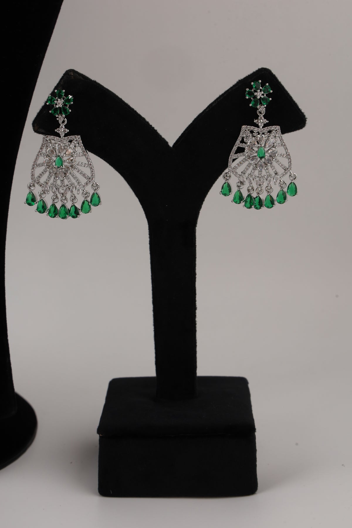 Silver-Tone Statement Necklace Set with Green Accents & Matching Earrings
