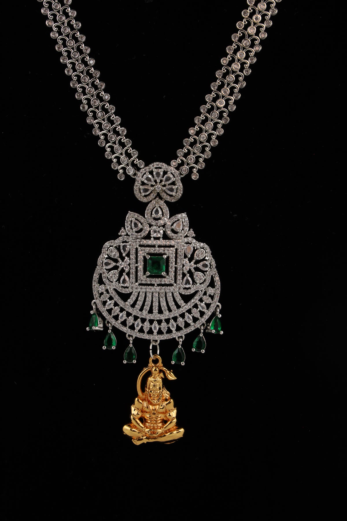 Silver-Tone Statement Necklace Set with Green Accents & Matching Earrings