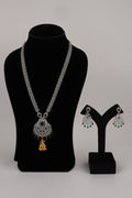 Silver-Tone Statement Necklace Set with Green Accents & Matching Earrings