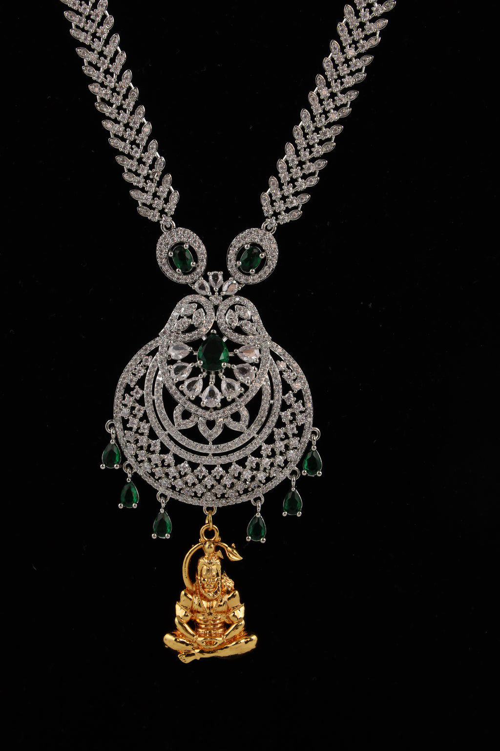 Silver-Tone Statement Necklace Set with Green Accents & Matching Earrings