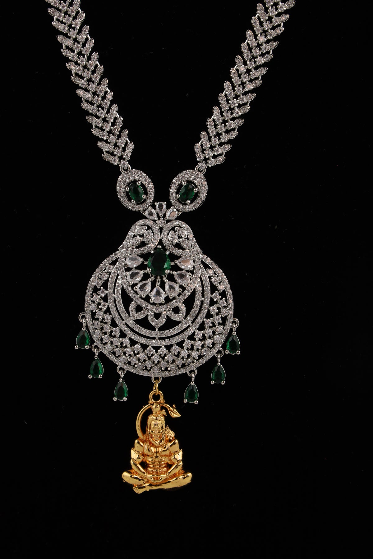 Silver-Tone Statement Necklace Set with Green Accents & Matching Earrings