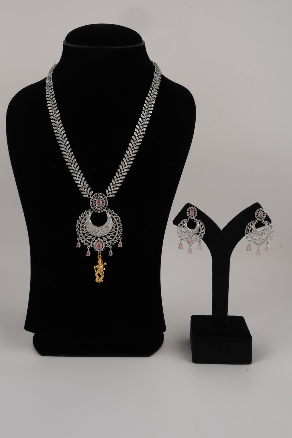 Silver-Tone Statement Necklace Set with Pink Accents & Matching Earrings
