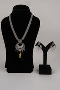 Silver-Tone Statement Necklace Set with Pink Accents & Matching Earrings