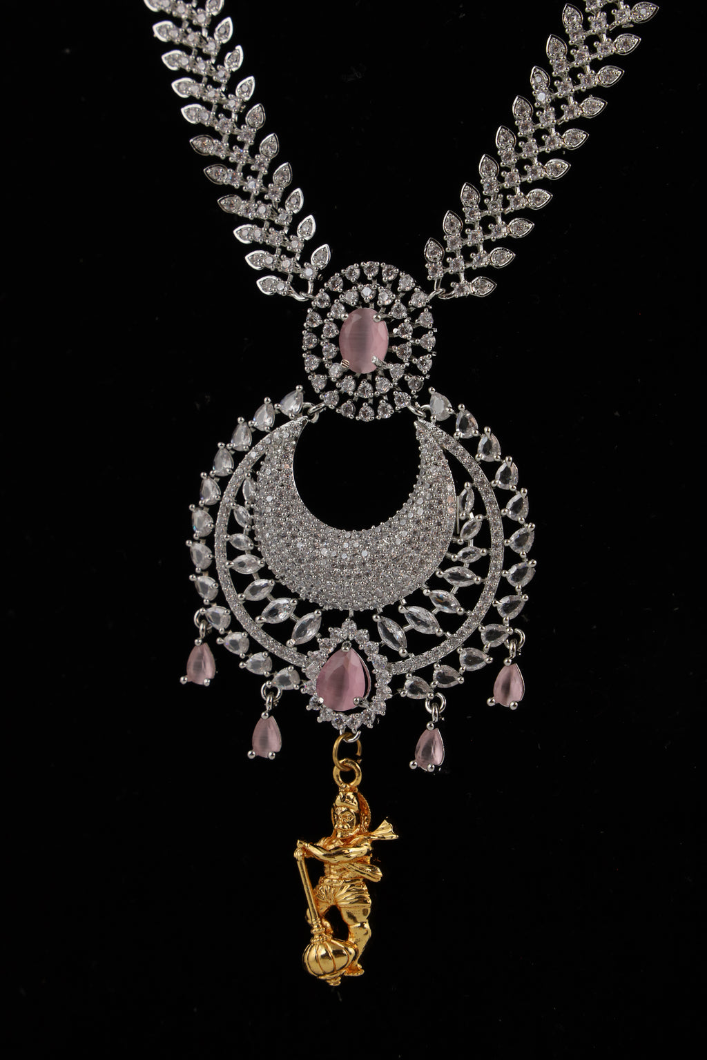 Silver-Tone Statement Necklace Set with Pink Accents & Matching Earrings