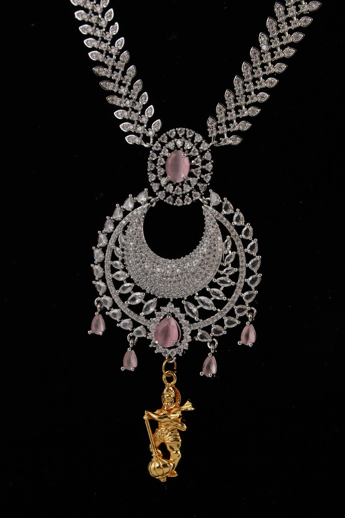 Silver-Tone Statement Necklace Set with Pink Accents & Matching Earrings