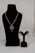 Silver-Tone Statement Necklace Set with Pink Accents & Matching Earrings