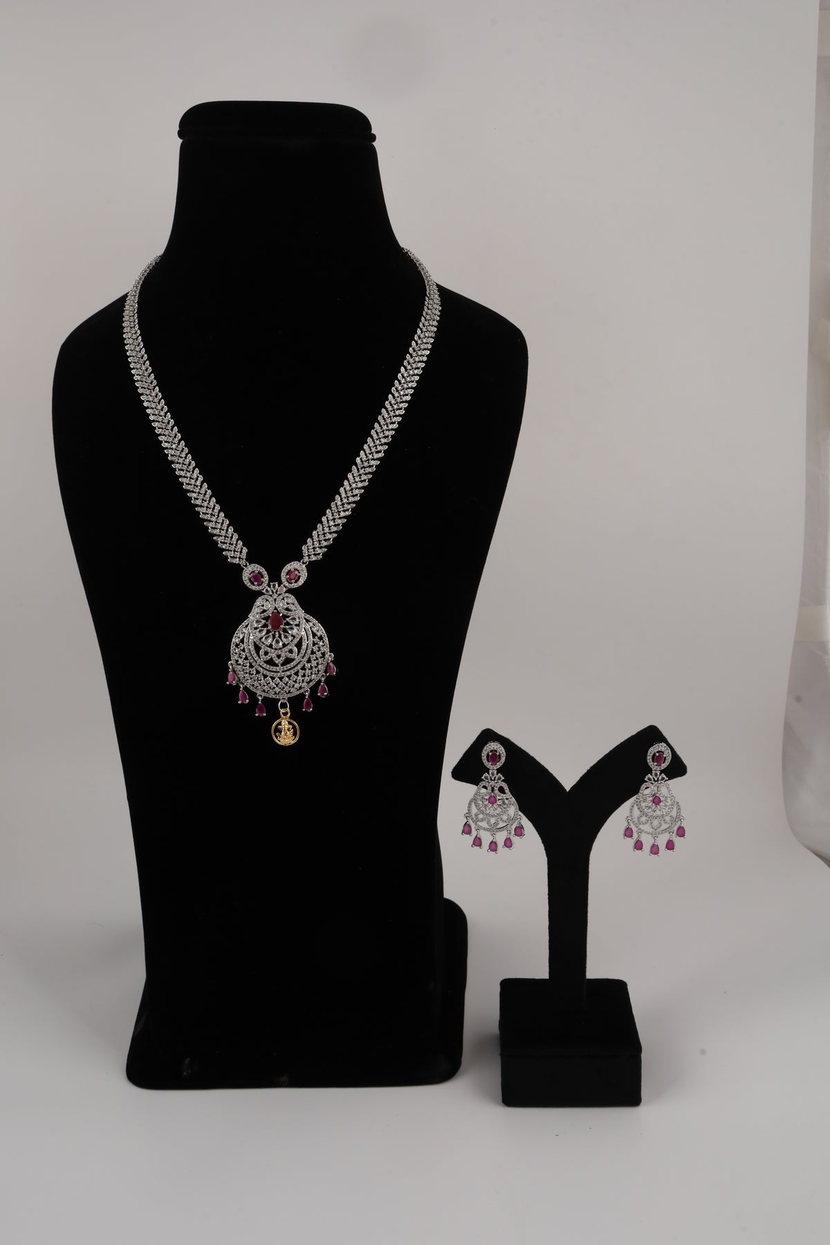 Silver-Tone Statement Necklace Set with Pink Accents & Matching Earrings