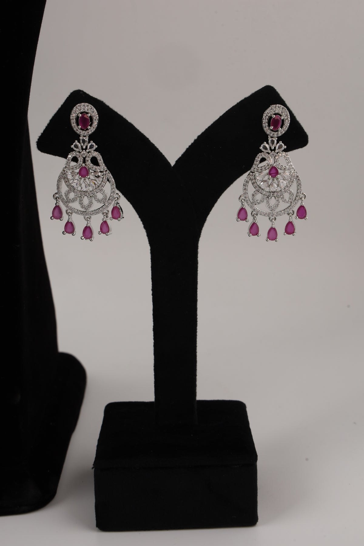Silver-Tone Statement Necklace Set with Pink Accents & Matching Earrings