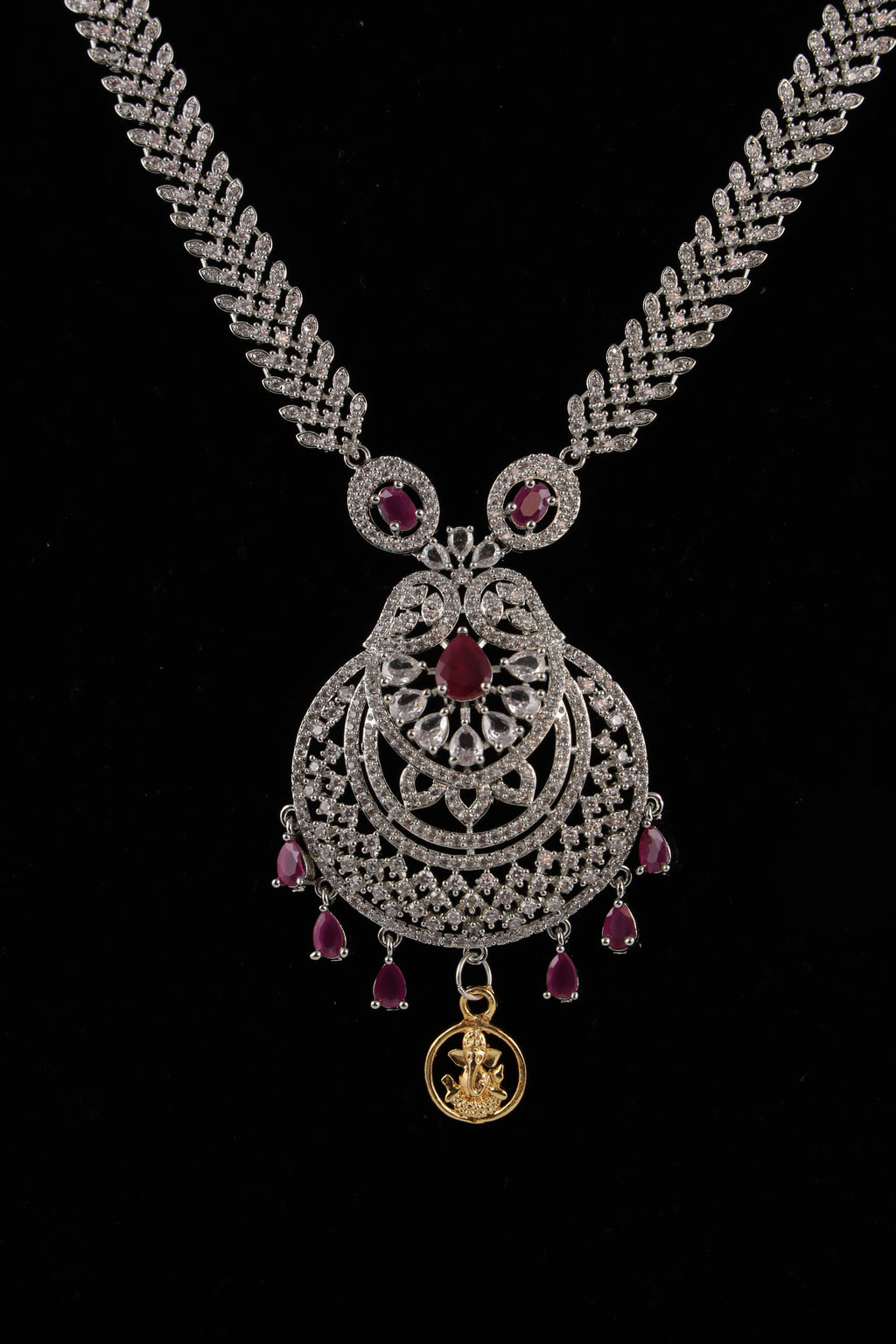 Silver-Tone Statement Necklace Set with Pink Accents & Matching Earrings