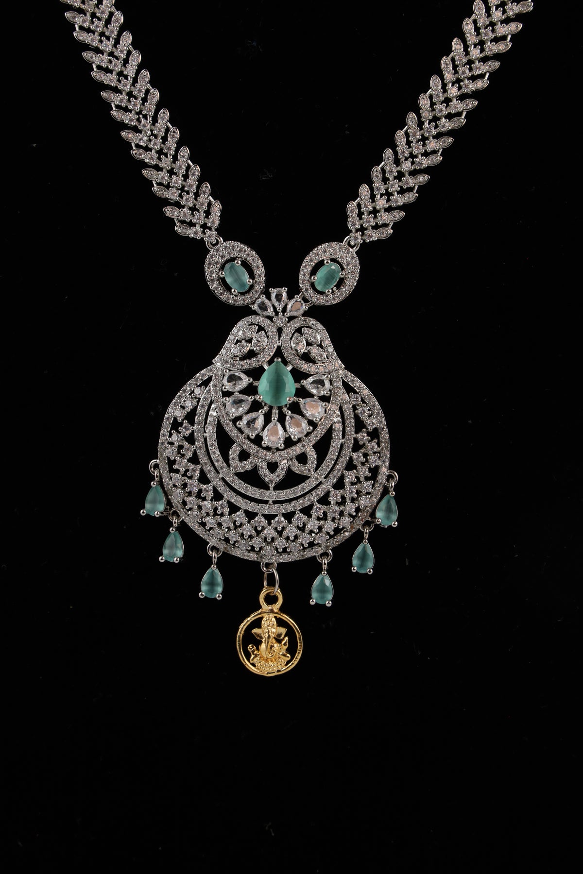 Silver-Tone Statement Necklace Set with Green Accents & Matching Earrings
