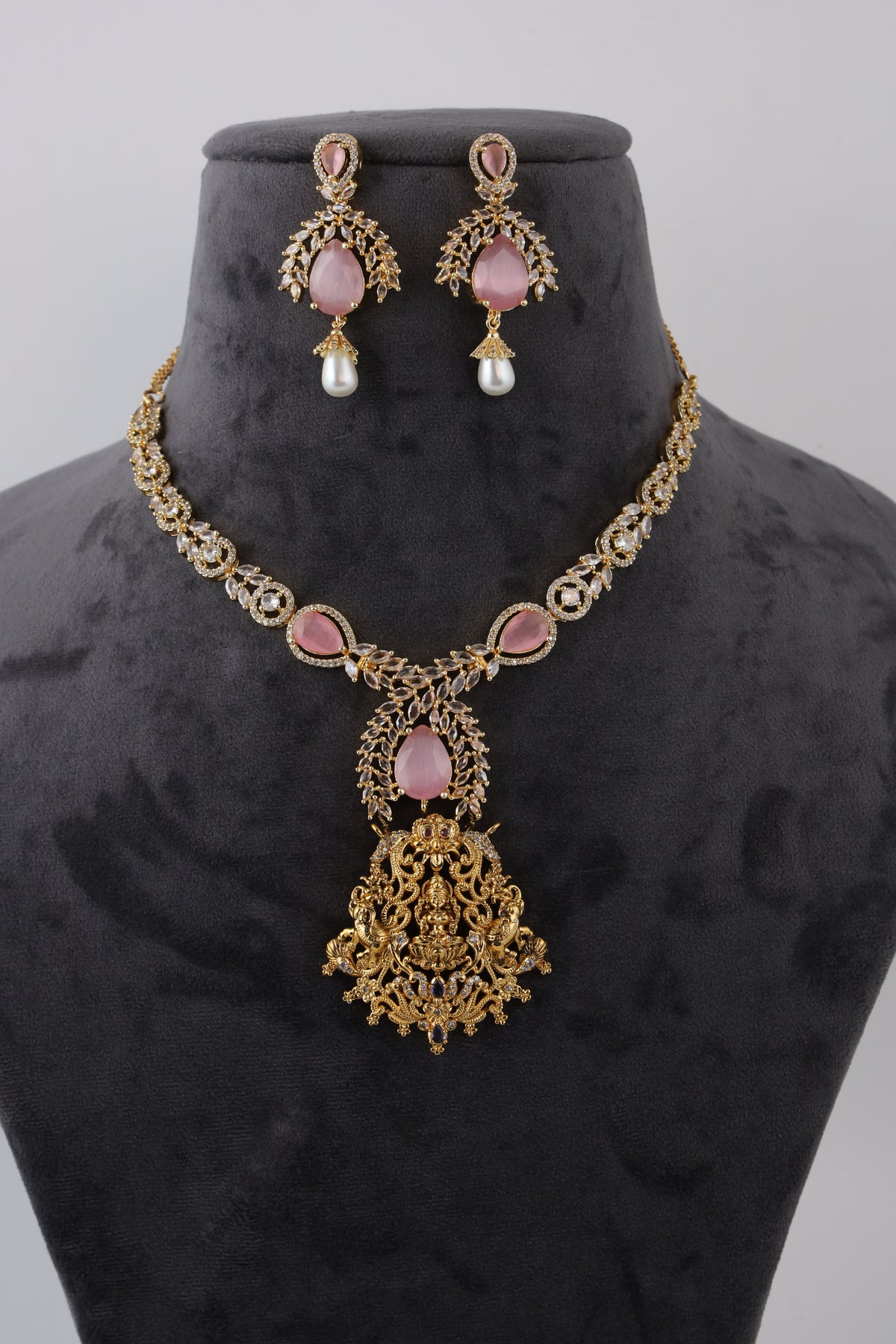 Gold-Tone Statement Necklace Set with Pink Stones & Pearl Drop Earrings