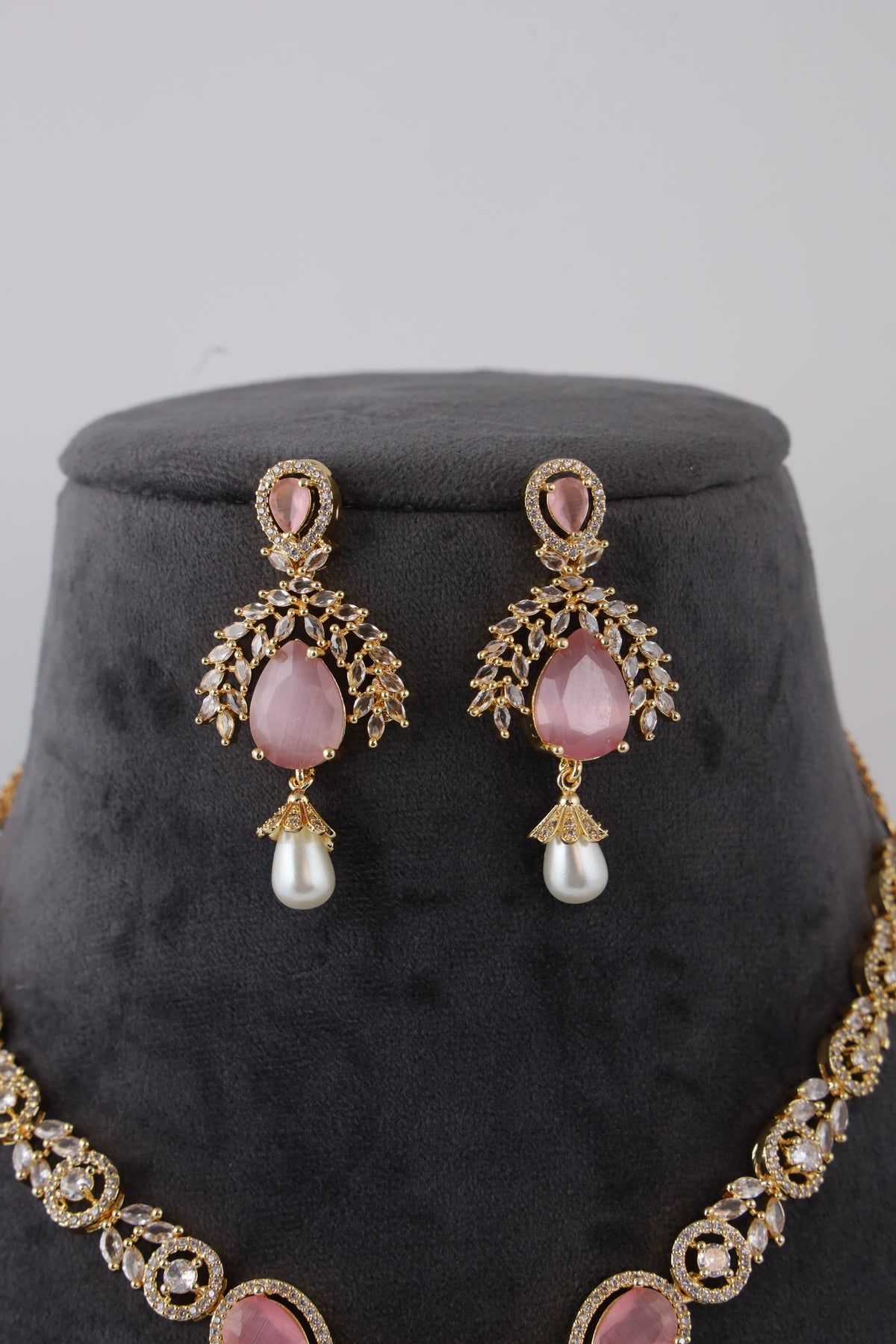 Gold-Tone Statement Necklace Set with Pink Stones & Pearl Drop Earrings