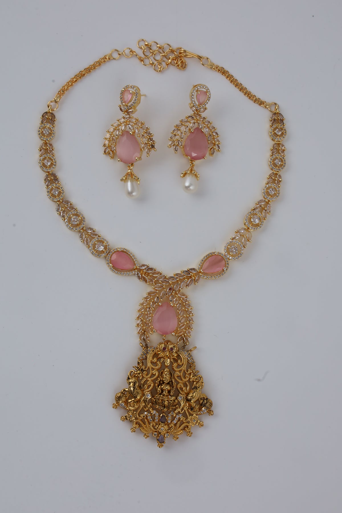 Gold-Tone Statement Necklace Set with Pink Stones & Pearl Drop Earrings