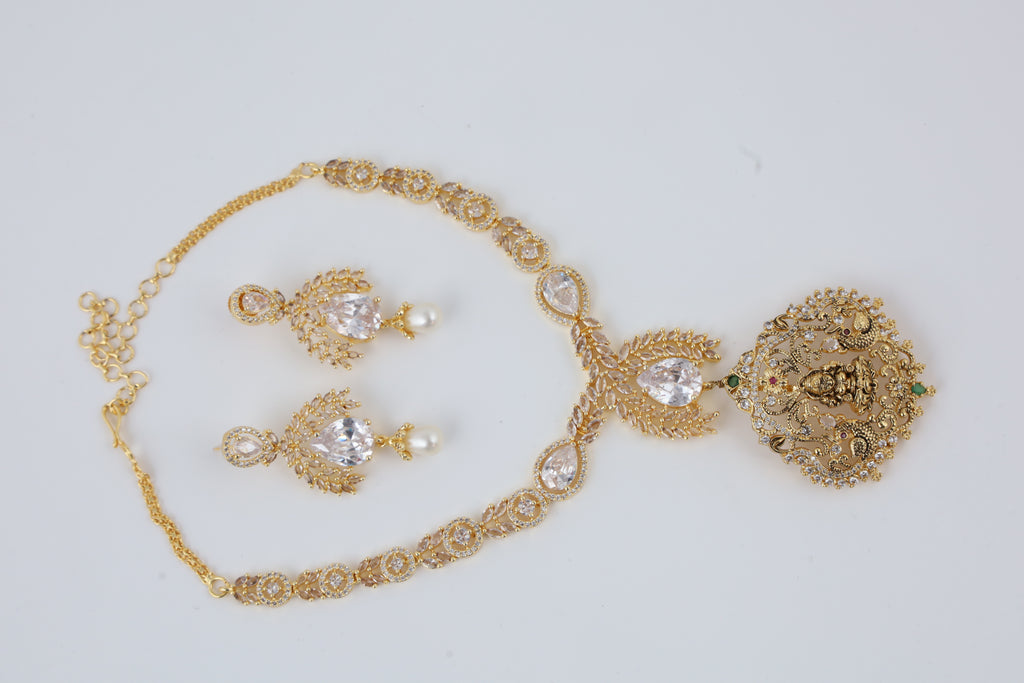 Gold-Tone Bridal Necklace Set with Crystal Accents & Pearl Drop Earrings