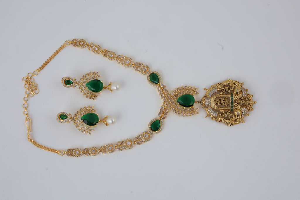 Gold-Tone Bridal Necklace Set with Green Stone Accents & Pearl Drop Earrings