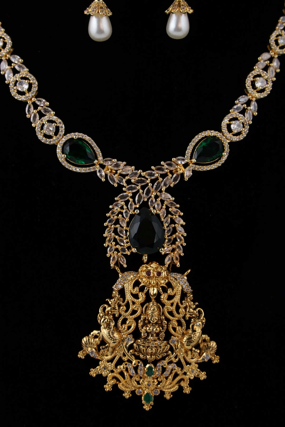 Gold-Tone Bridal Necklace Set with Green Accents & Pearl Drop Earrings