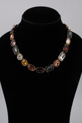 Gold-Tone Multicolour Statement Necklace with Oval & Geometric Stones