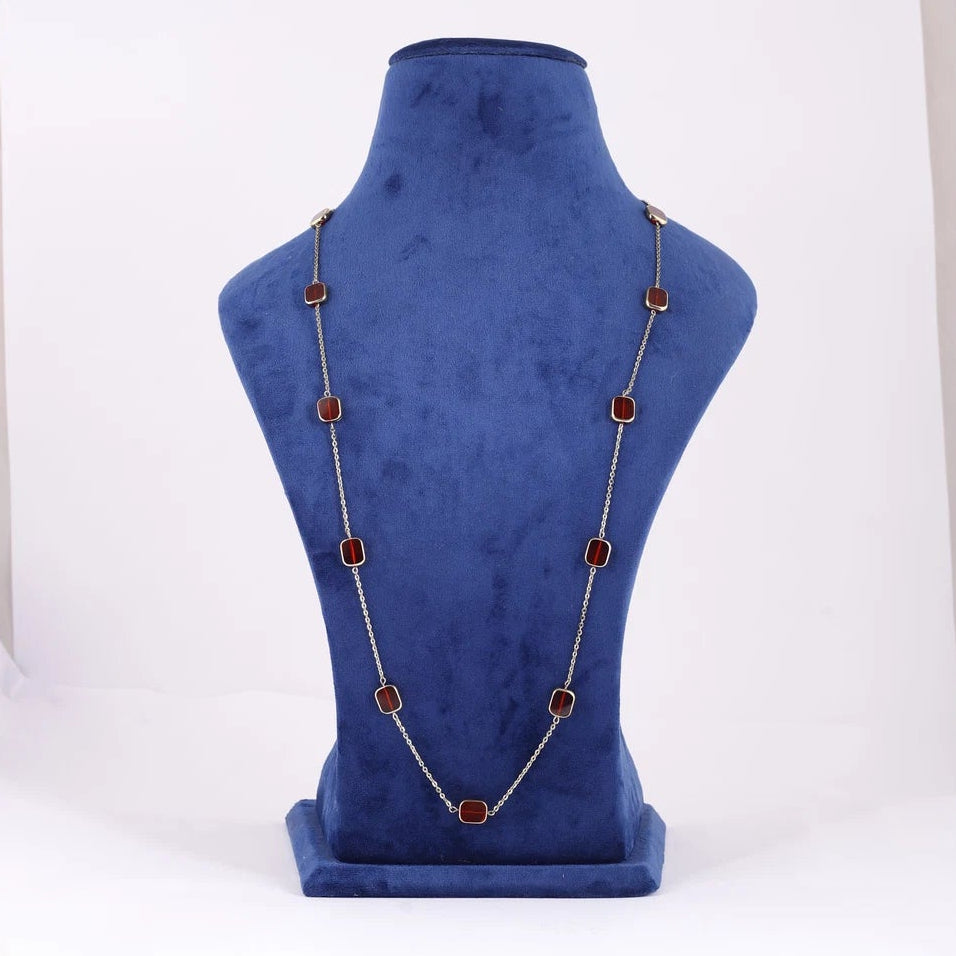 Red Stone Gold Tone Link Necklace — view A