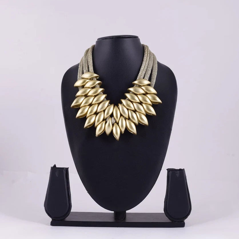 Gold Tone Leaf Statement Necklace — view A