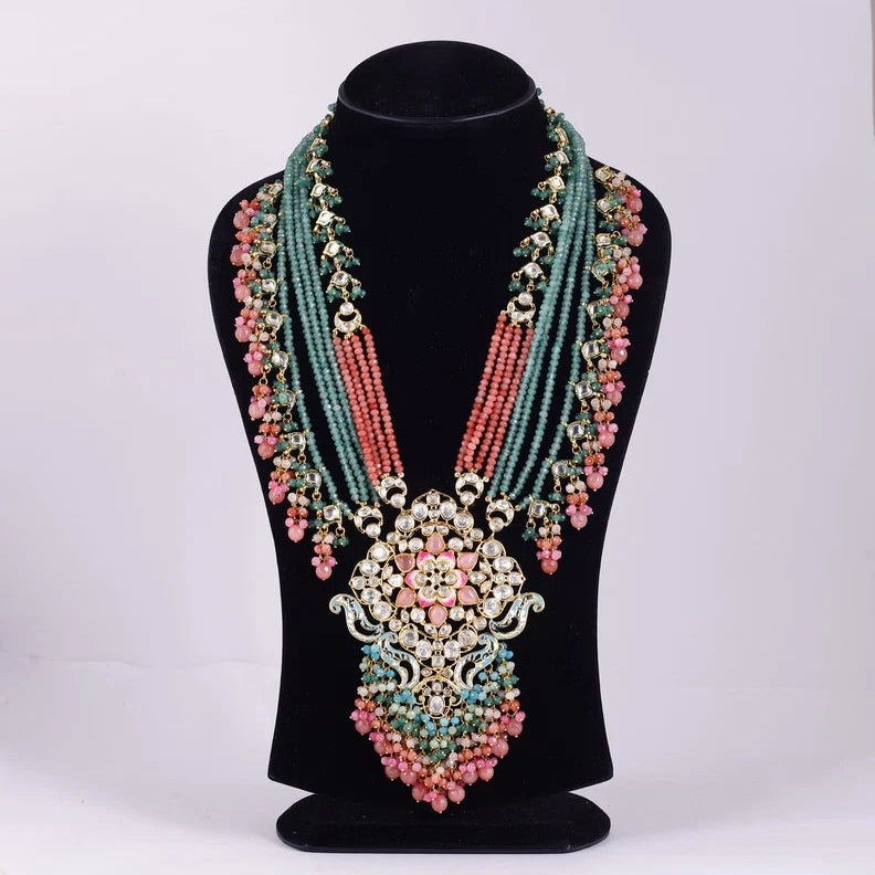 Multistrand Pink and Green Statement Necklace — view A