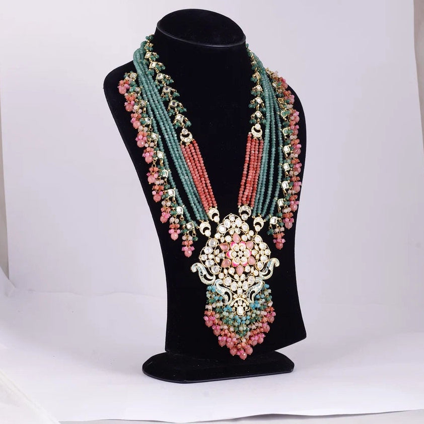 Multistrand Pink and Green Statement Necklace — view C