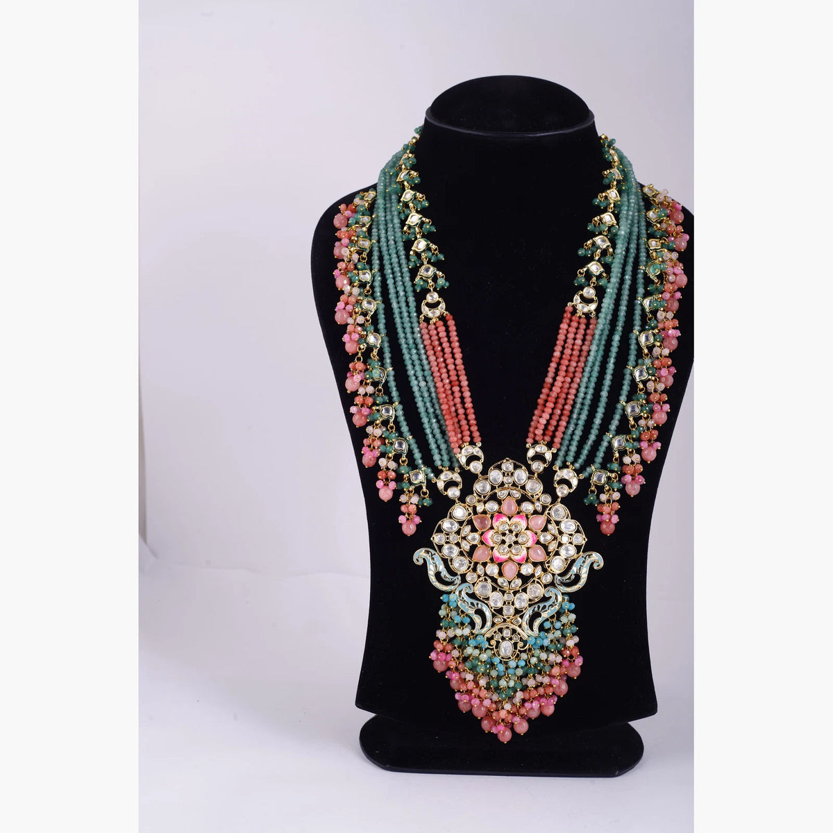 Multistrand Pink and Green Statement Necklace — view D
