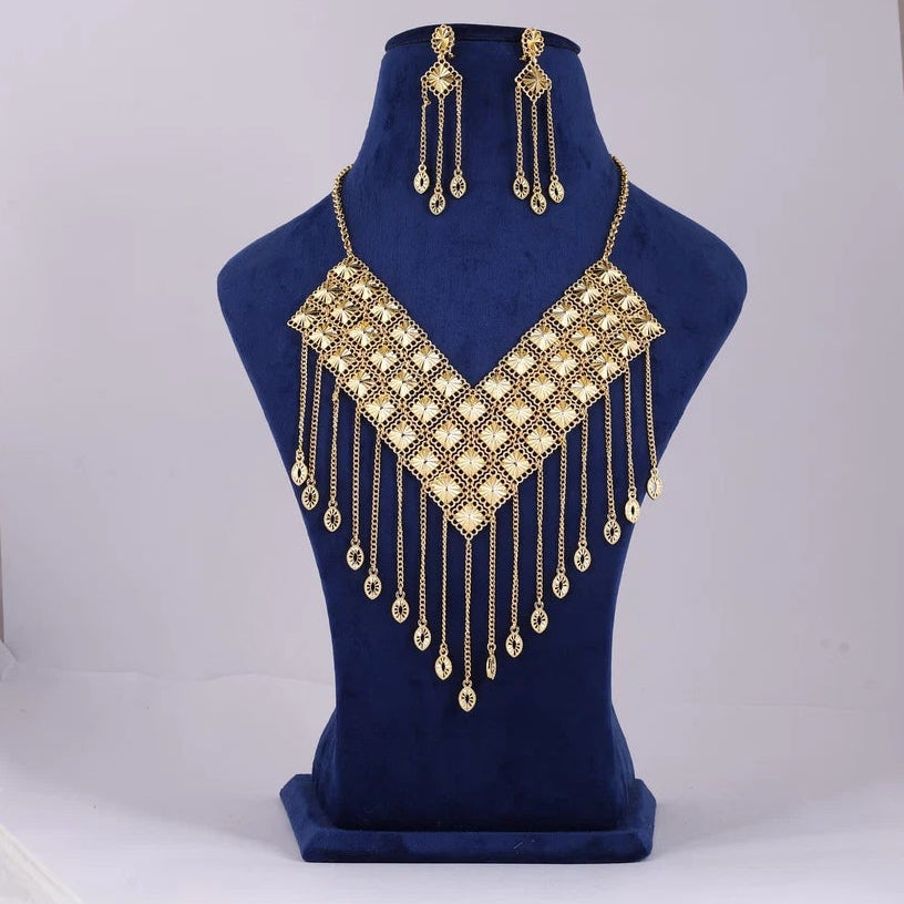Gold Tone Fringe Necklace and Earring Set — view A
