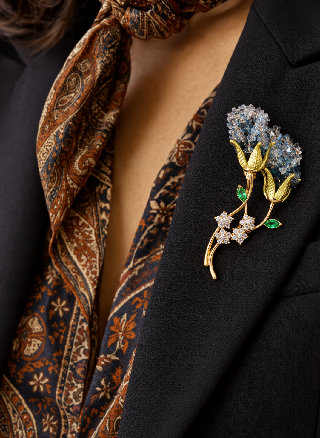 Blue Crystal Floral Brooch with Golden Leaves