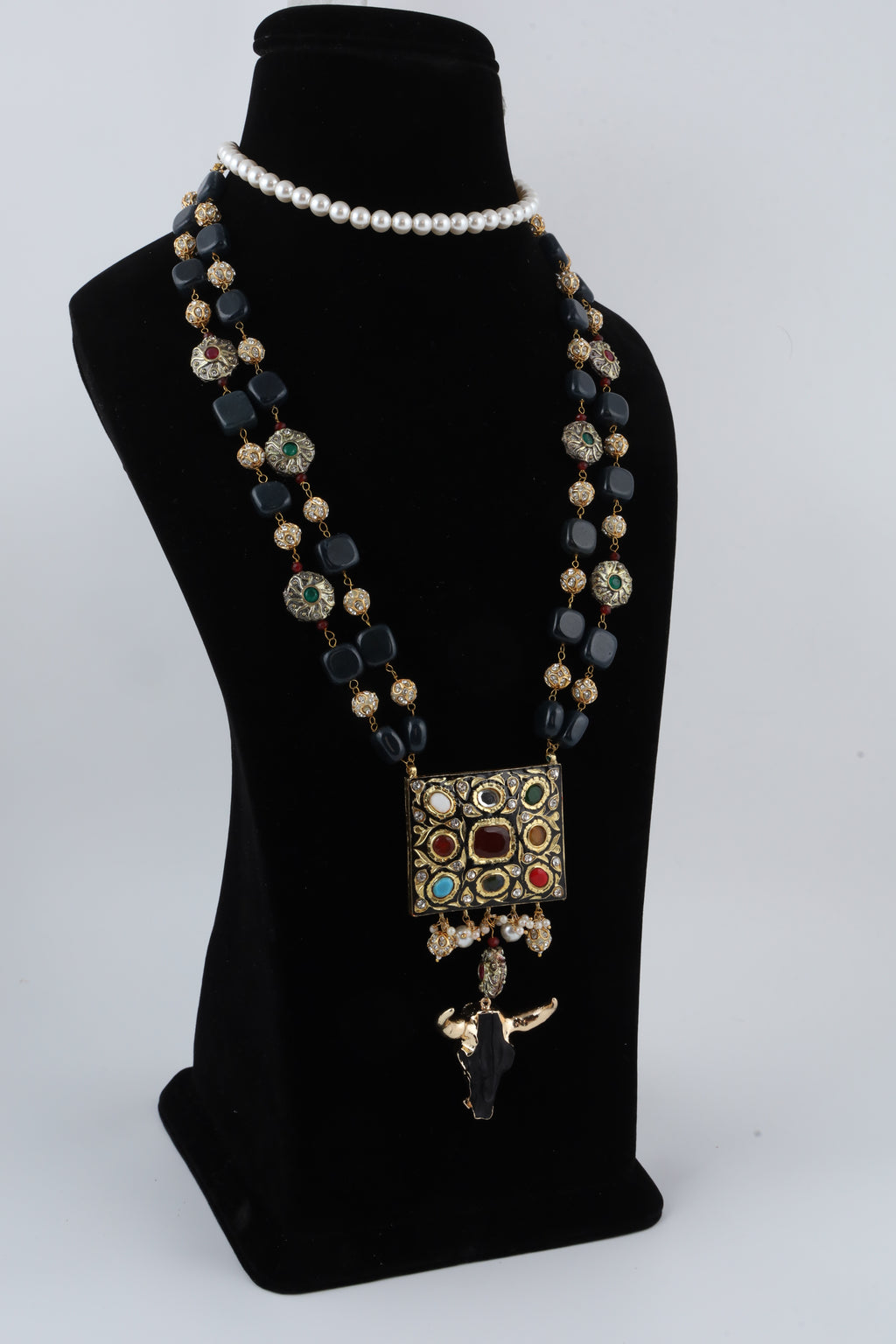Multicolour Kundan Statement Necklace with Pearl Choker