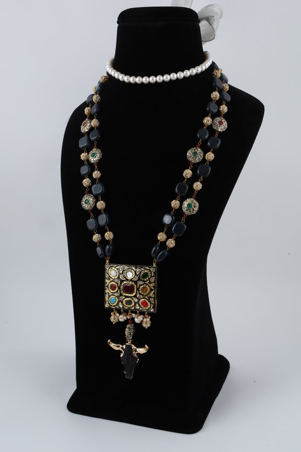 Multicolour Kundan Statement Necklace with Pearl Choker