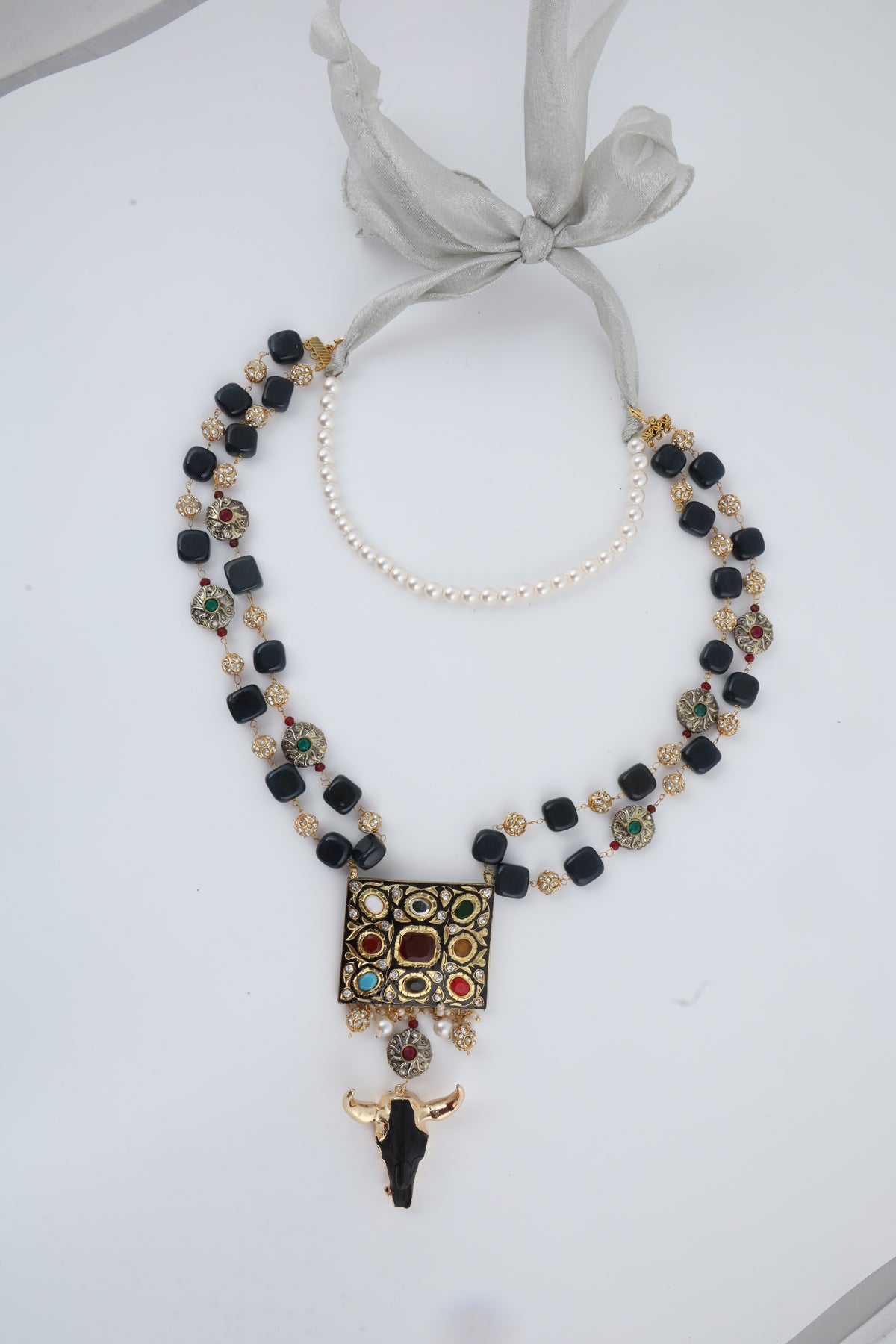 Multicolour Kundan Statement Necklace with Pearl Choker
