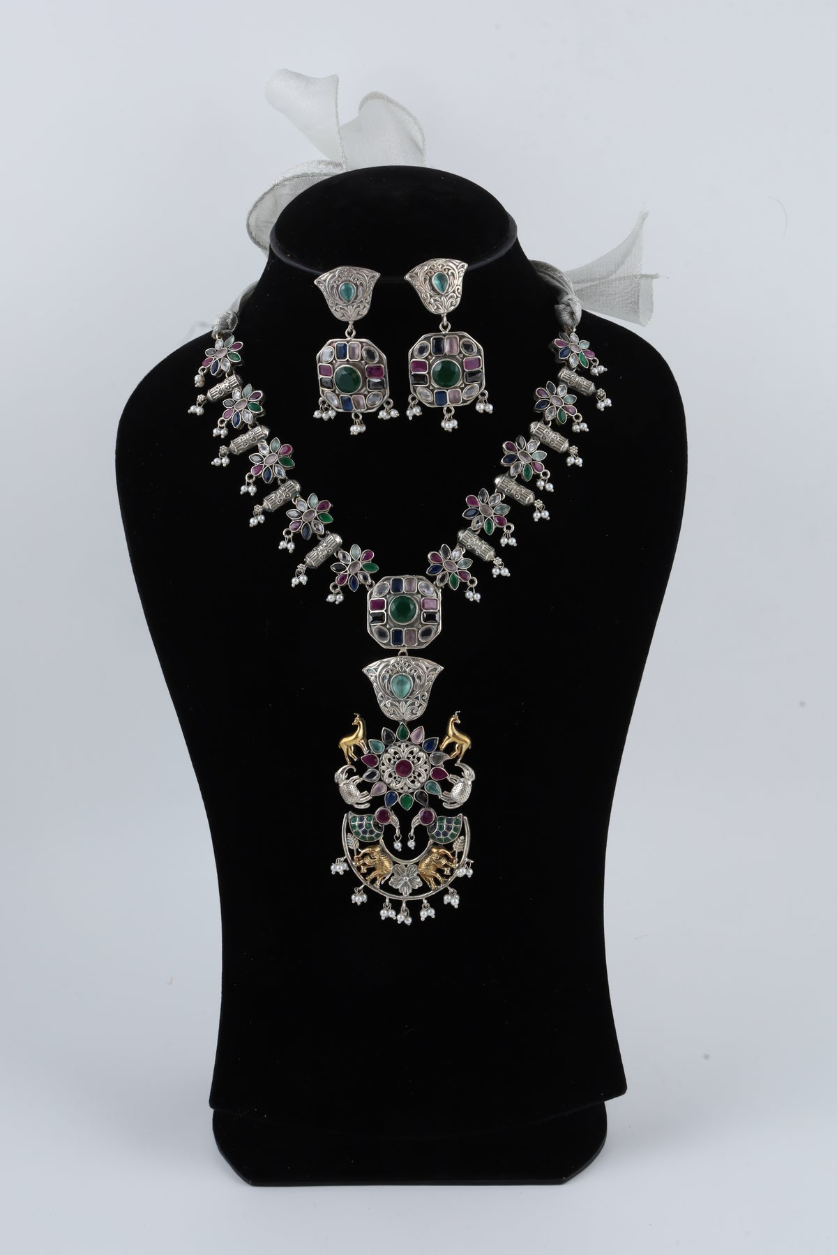 Multicolour Temple Jewellery Necklace Set with Matching Earrings
