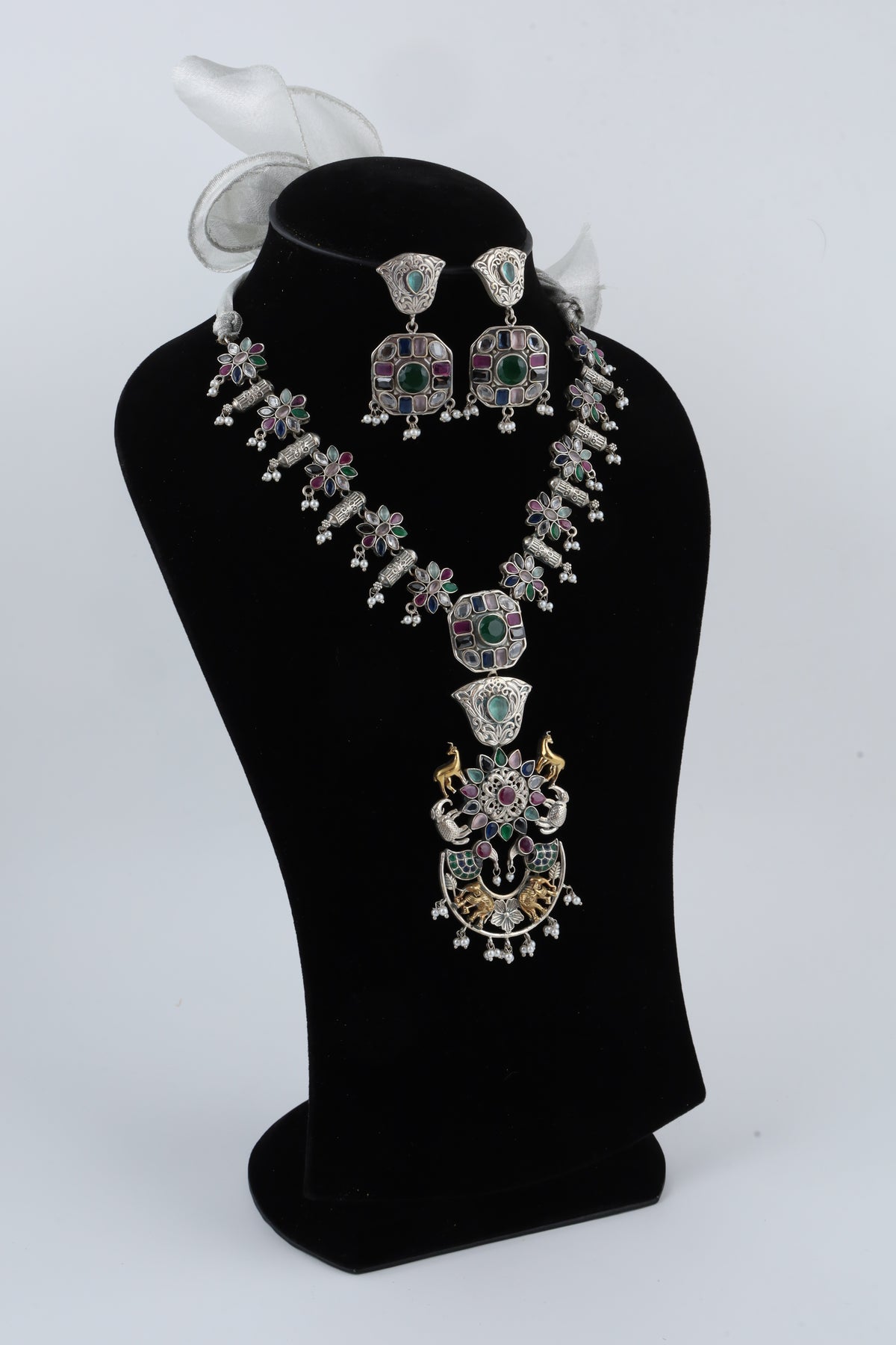 Multicolour Temple Jewellery Necklace Set with Matching Earrings