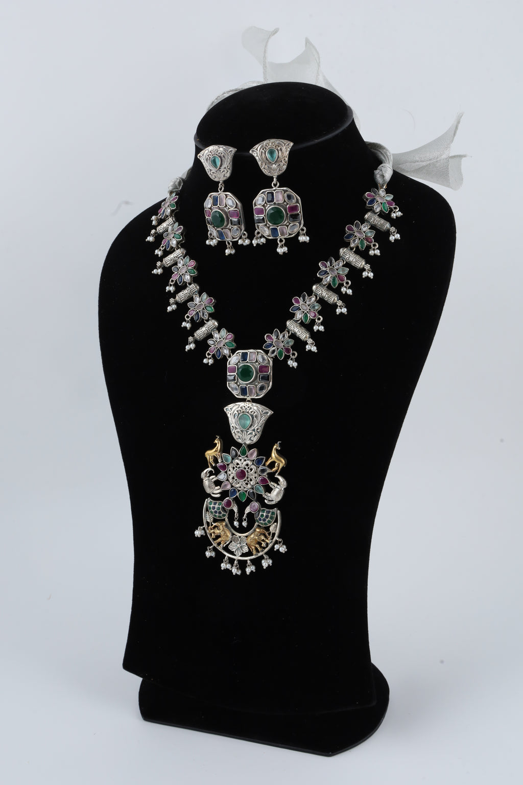 Multicolour Temple Jewellery Necklace Set with Matching Earrings