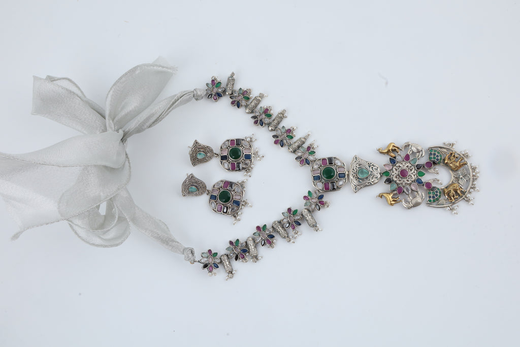 Multicolour Temple Jewellery Necklace Set with Matching Earrings